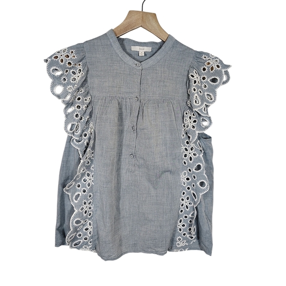 Joie Eyelet Ruffle Sleeve Top Women’s MEDIUM Blue Lace Cutout Blouse Boho Chic - Picture 2 of 8